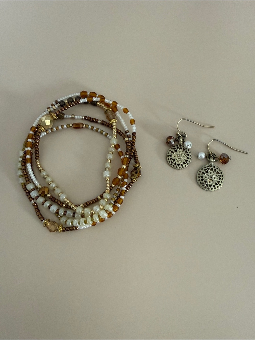 Multi-Strand Beaded Bracelet and Earring Set in Gold and Brown